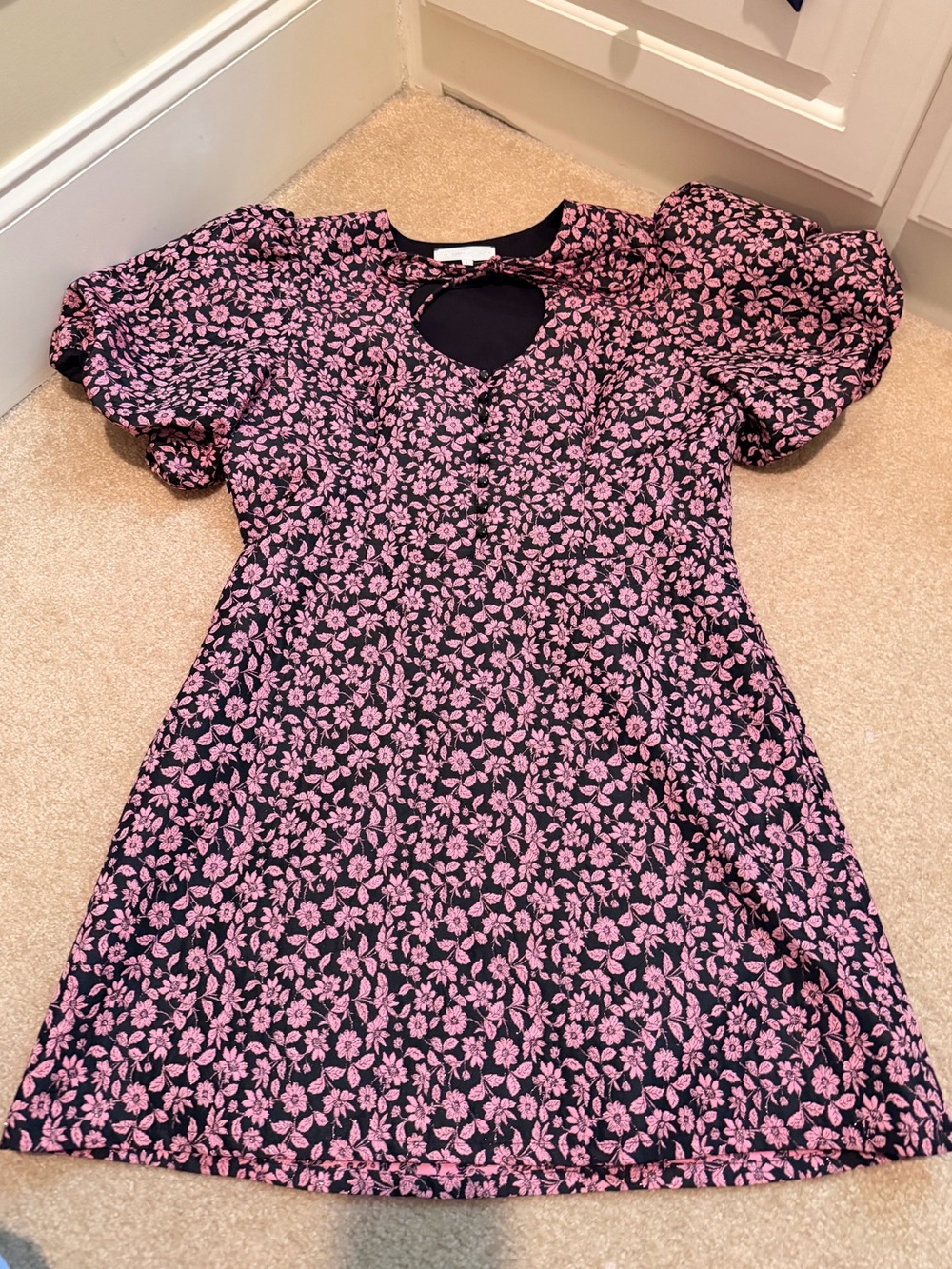Corey Lynn Calter Black Dress with Pink Floral Print and Puff Sleeves